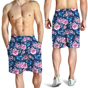 Pink Flowers And Hummingbird Print Men's Shorts