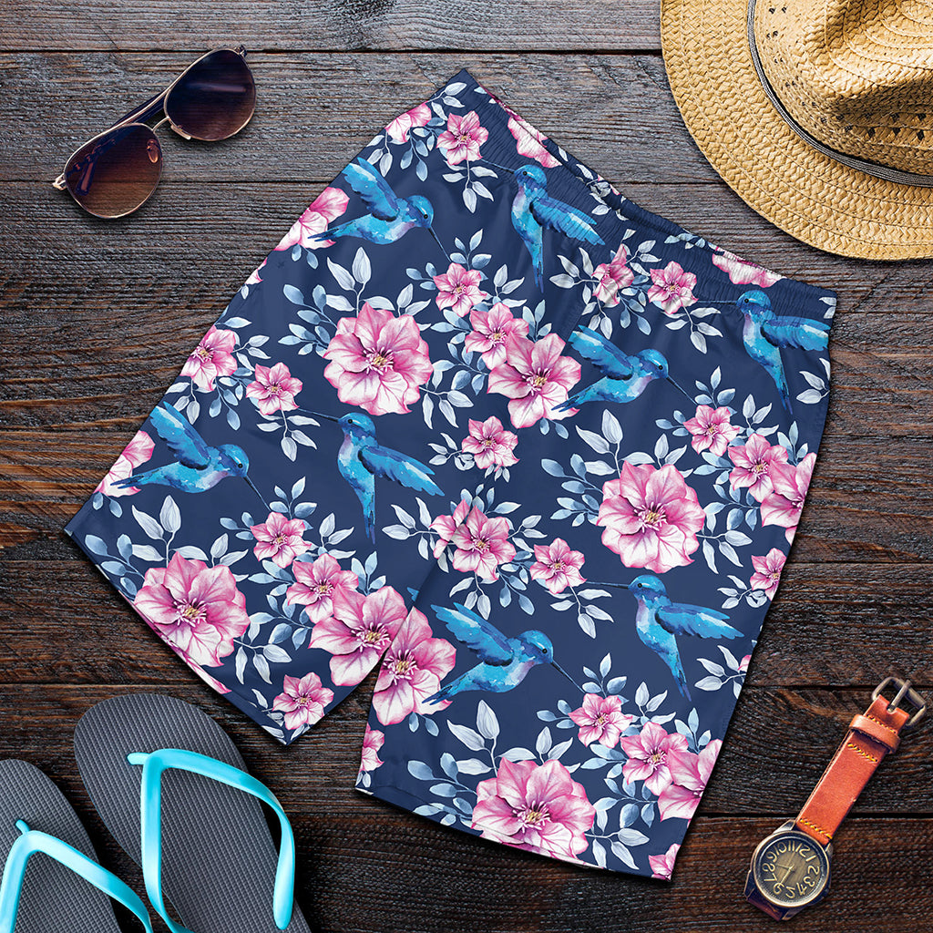 Pink Flowers And Hummingbird Print Men's Shorts