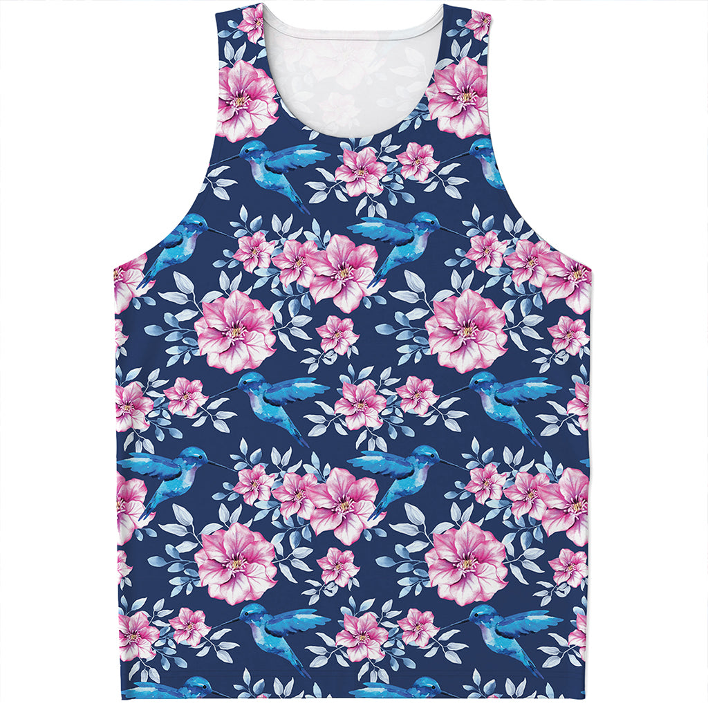 Pink Flowers And Hummingbird Print Men's Tank Top