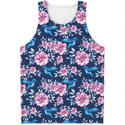 Pink Flowers And Hummingbird Print Men's Tank Top