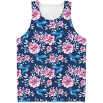 Pink Flowers And Hummingbird Print Men's Tank Top