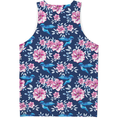 Pink Flowers And Hummingbird Print Men's Tank Top