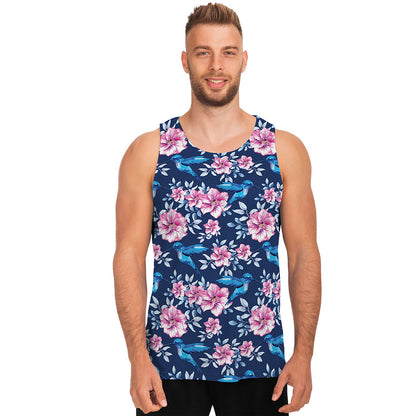 Pink Flowers And Hummingbird Print Men's Tank Top