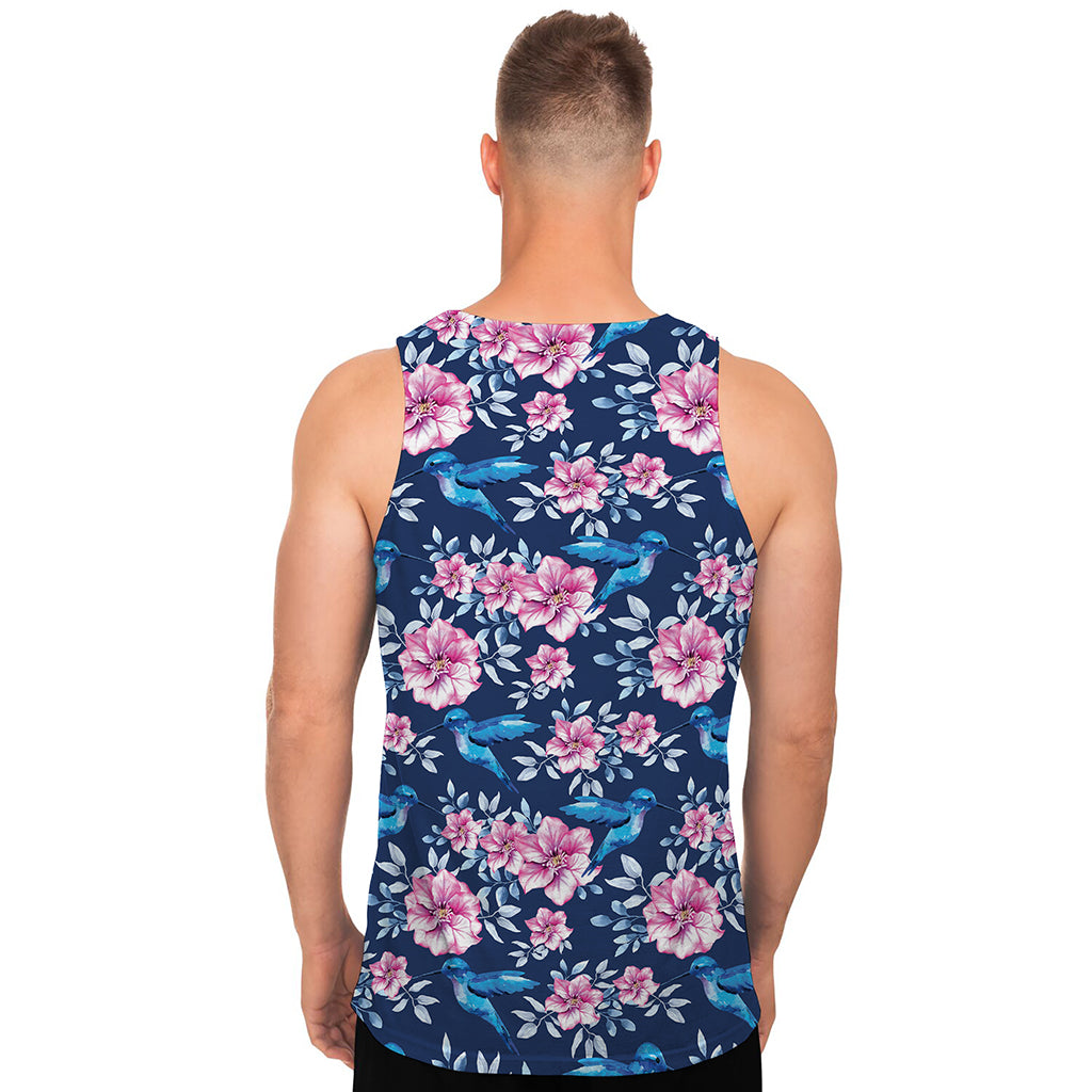 Pink Flowers And Hummingbird Print Men's Tank Top