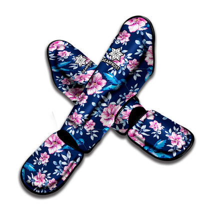 Pink Flowers And Hummingbird Print Muay Thai Shin Guard