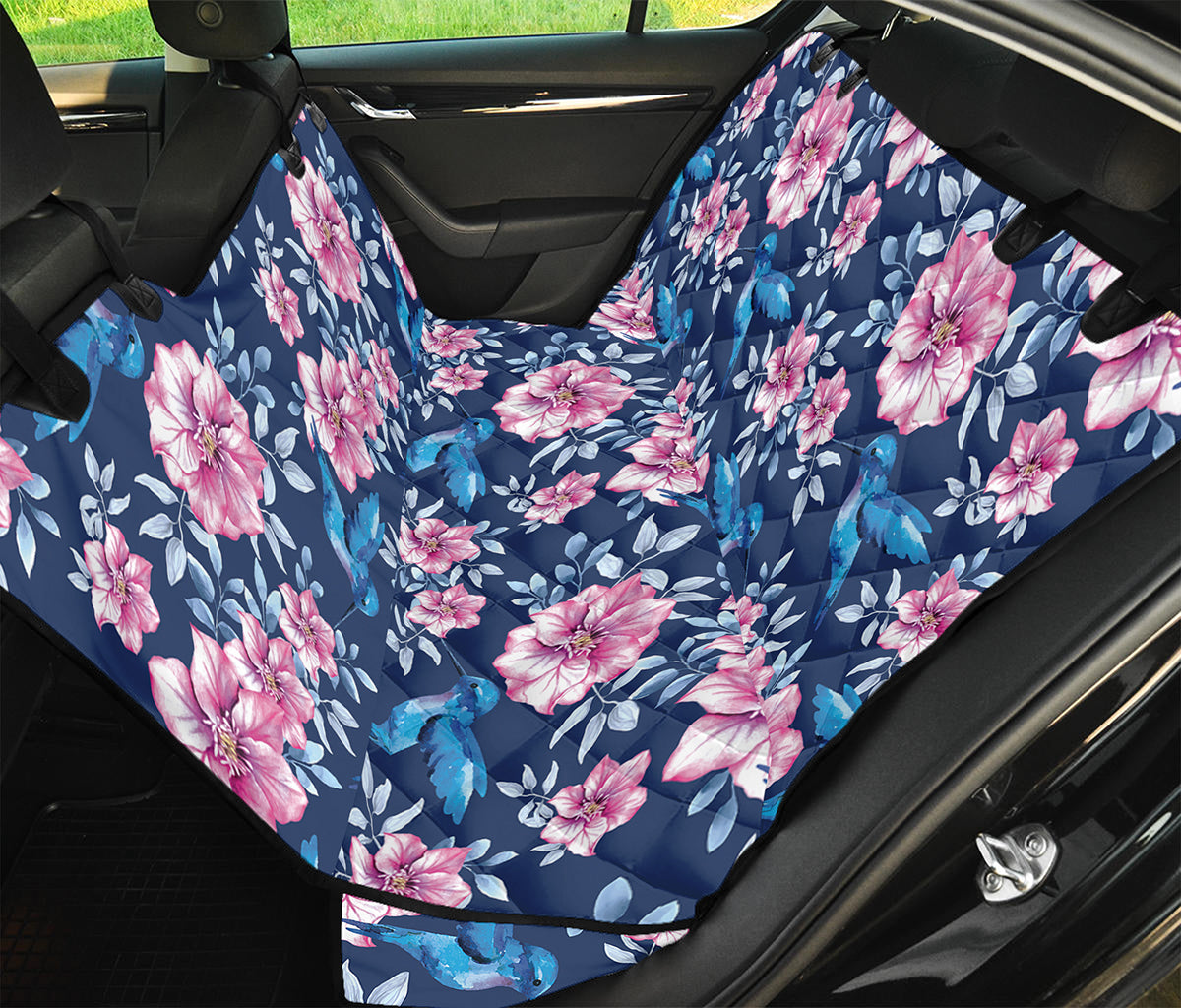 Pink Flowers And Hummingbird Print Pet Car Back Seat Cover
