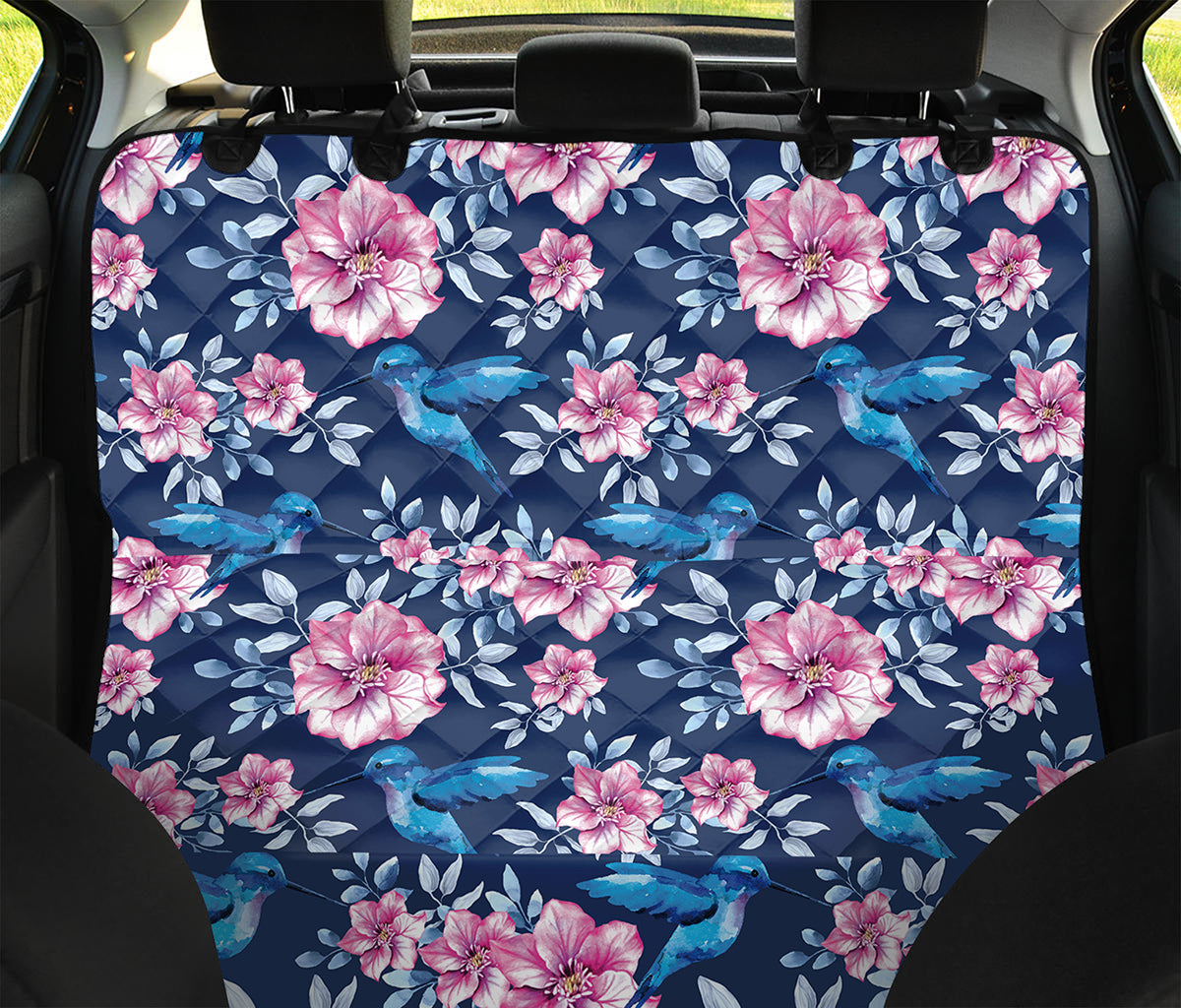 Pink Flowers And Hummingbird Print Pet Car Back Seat Cover