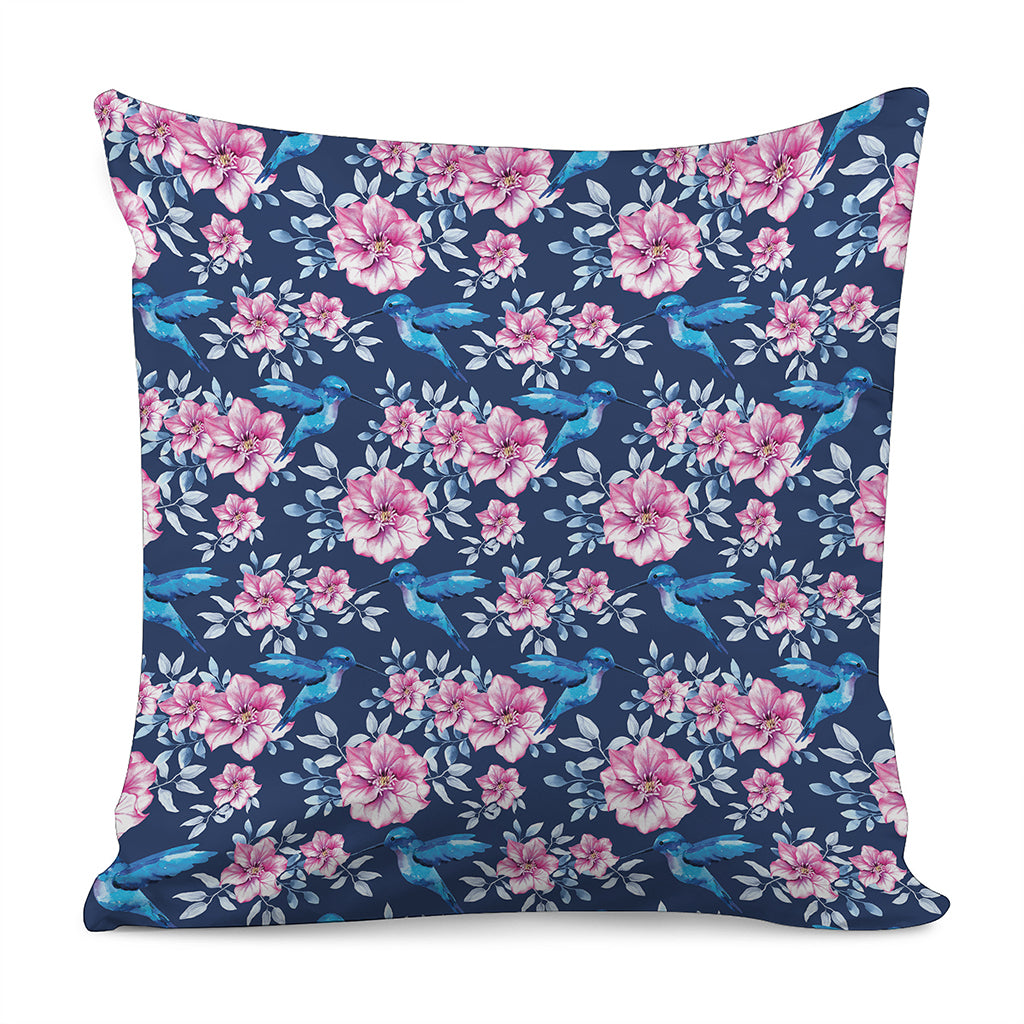 Pink Flowers And Hummingbird Print Pillow Cover