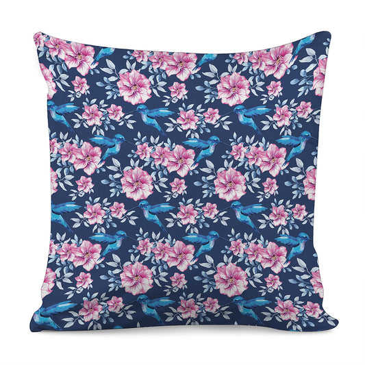 Pink Flowers And Hummingbird Print Pillow Cover