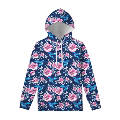 Pink Flowers And Hummingbird Print Pullover Hoodie