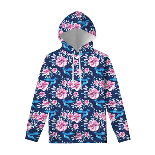 Pink Flowers And Hummingbird Print Pullover Hoodie