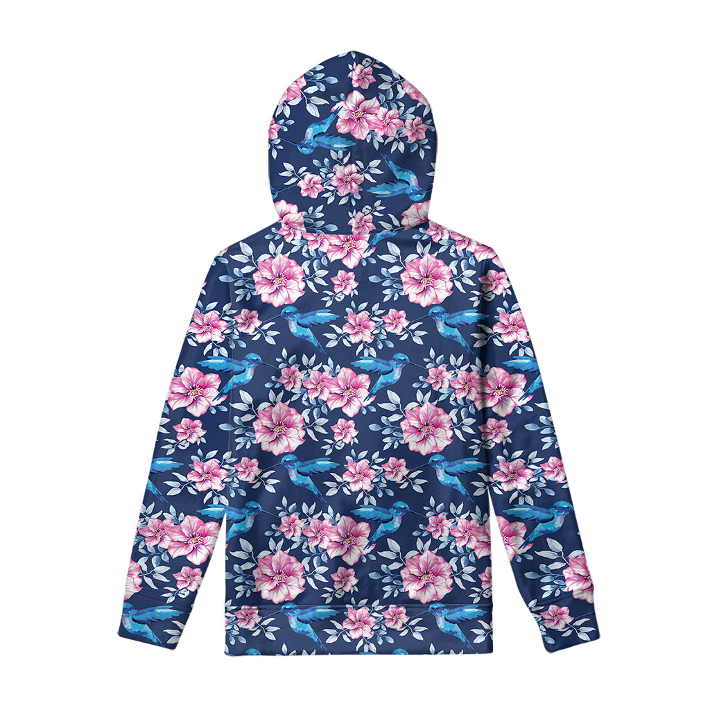 Pink Flowers And Hummingbird Print Pullover Hoodie