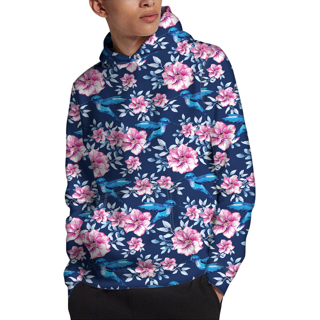 Pink Flowers And Hummingbird Print Pullover Hoodie