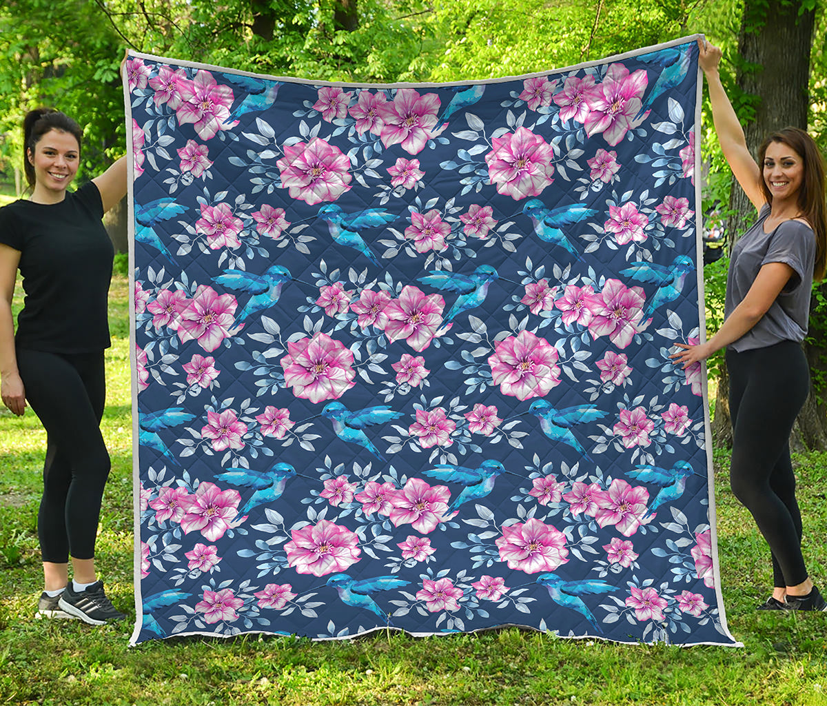 Pink Flowers And Hummingbird Print Quilt