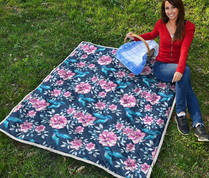 Pink Flowers And Hummingbird Print Quilt
