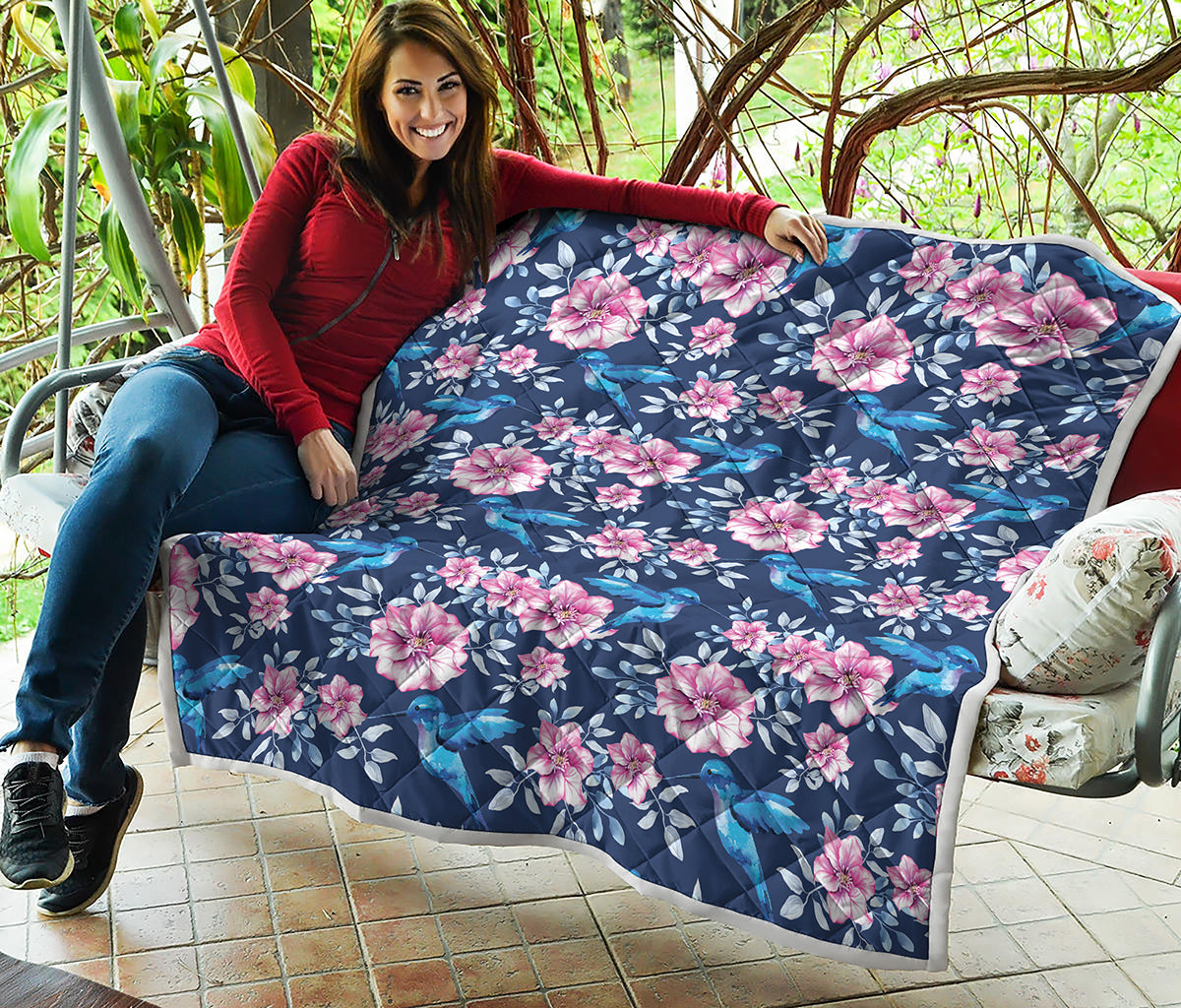 Pink Flowers And Hummingbird Print Quilt