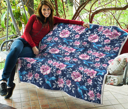 Pink Flowers And Hummingbird Print Quilt