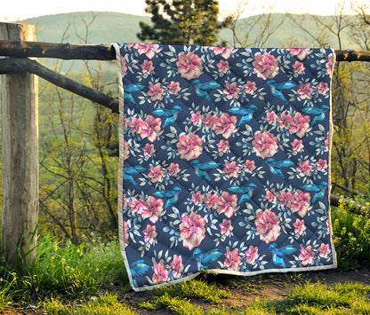 Pink Flowers And Hummingbird Print Quilt