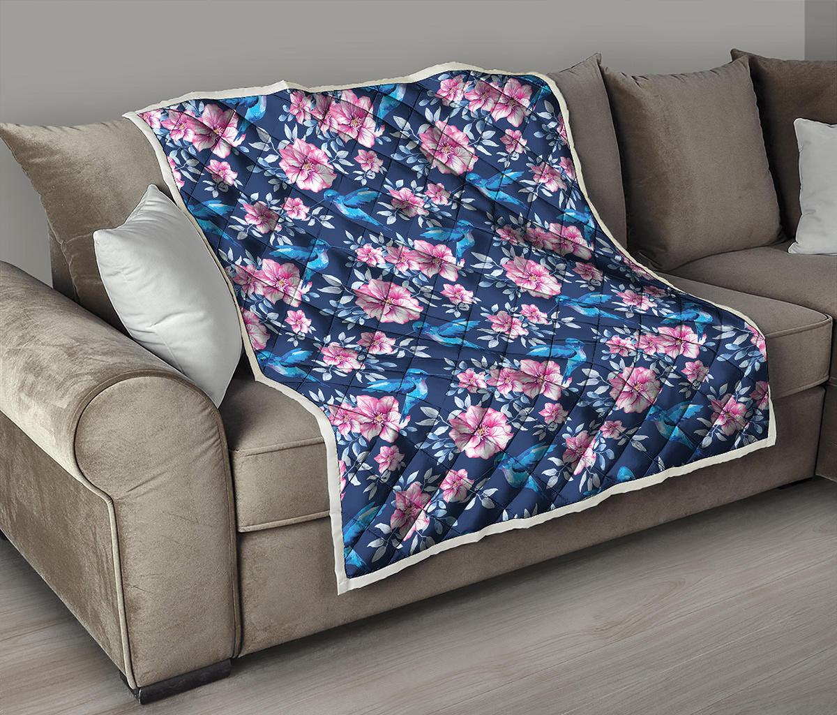 Pink Flowers And Hummingbird Print Quilt