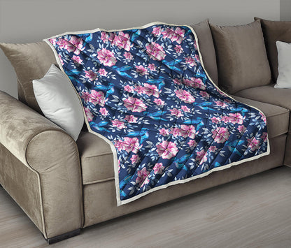 Pink Flowers And Hummingbird Print Quilt