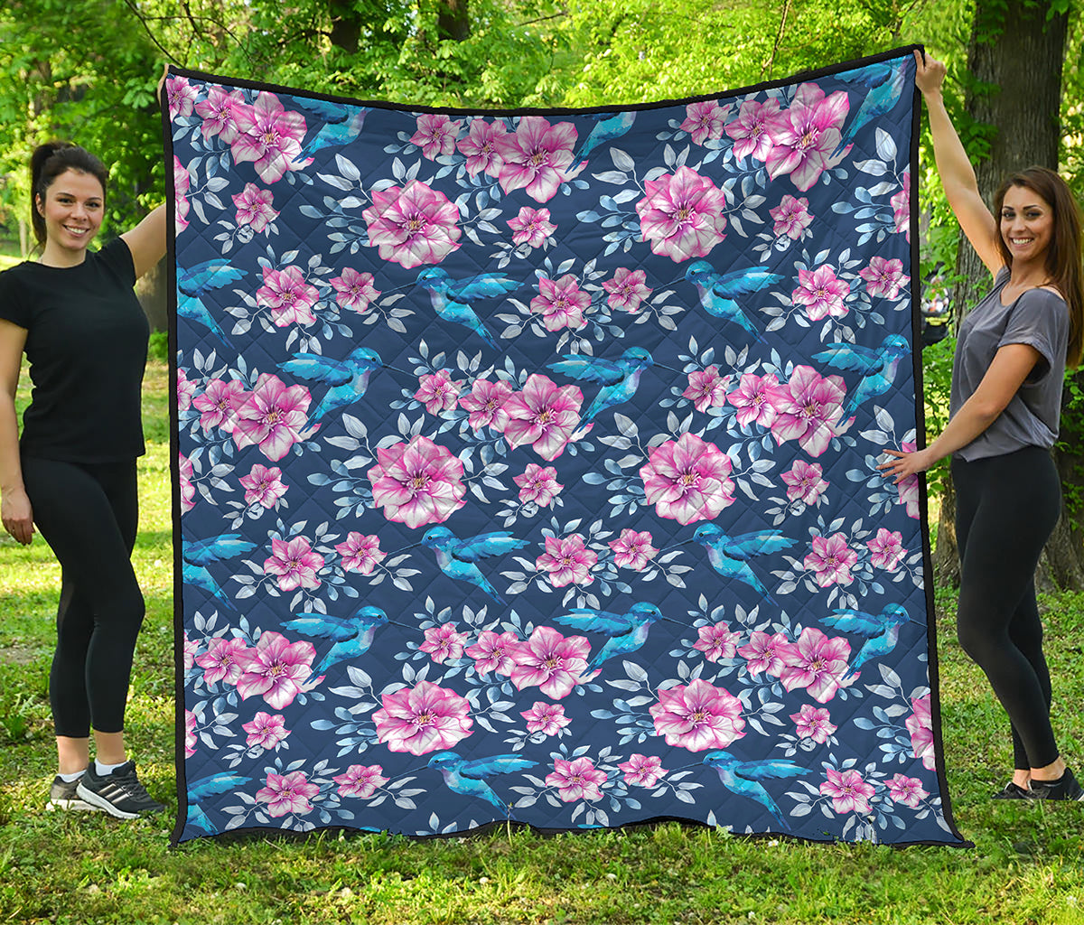 Pink Flowers And Hummingbird Print Quilt