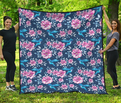 Pink Flowers And Hummingbird Print Quilt