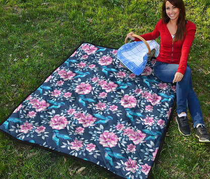 Pink Flowers And Hummingbird Print Quilt