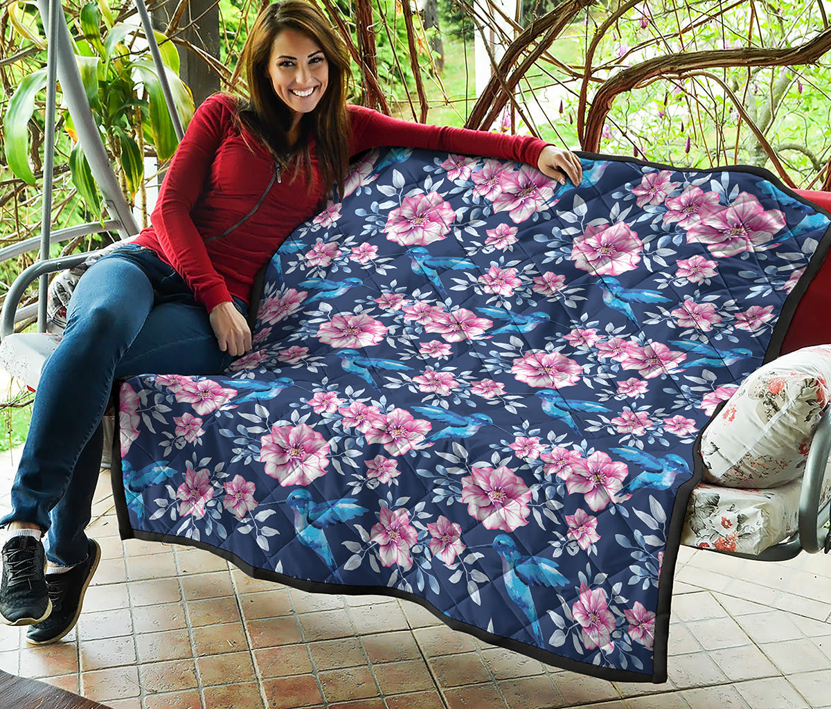 Pink Flowers And Hummingbird Print Quilt