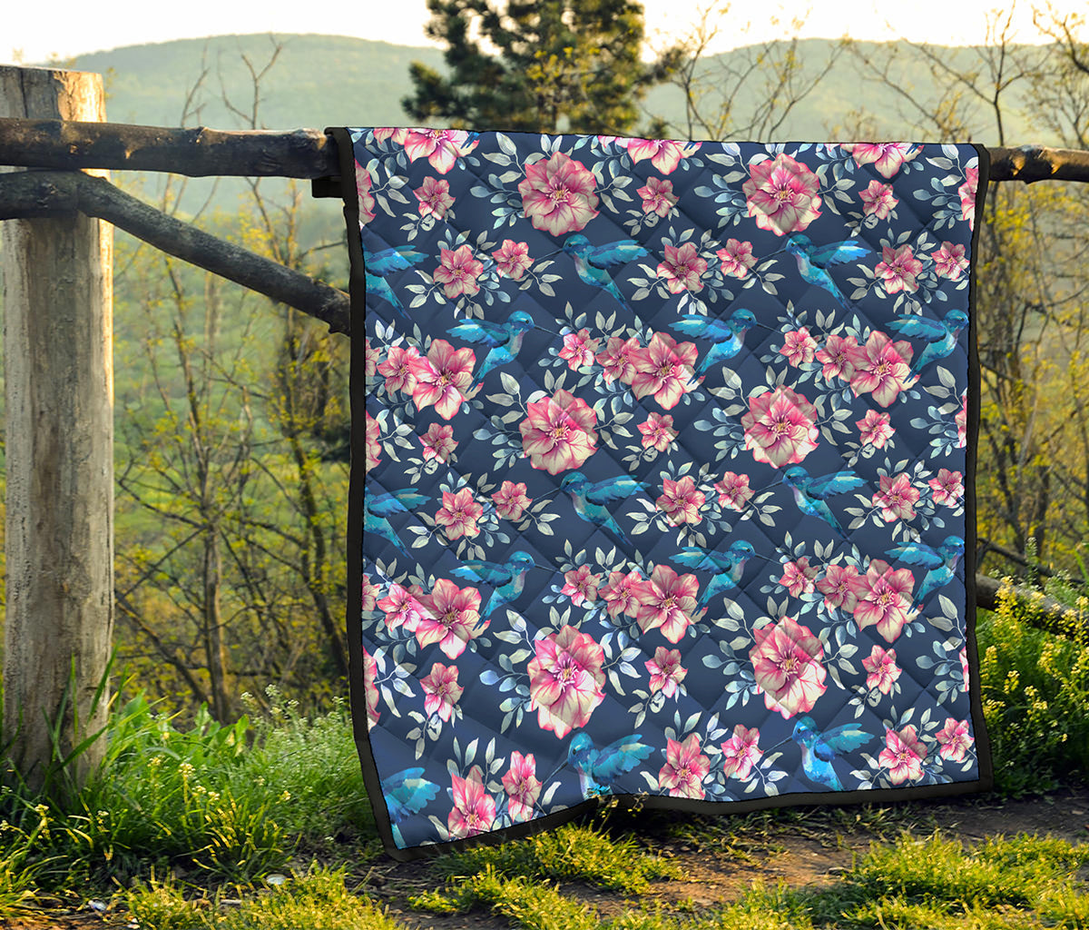 Pink Flowers And Hummingbird Print Quilt