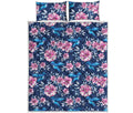 Pink Flowers And Hummingbird Print Quilt Bed Set