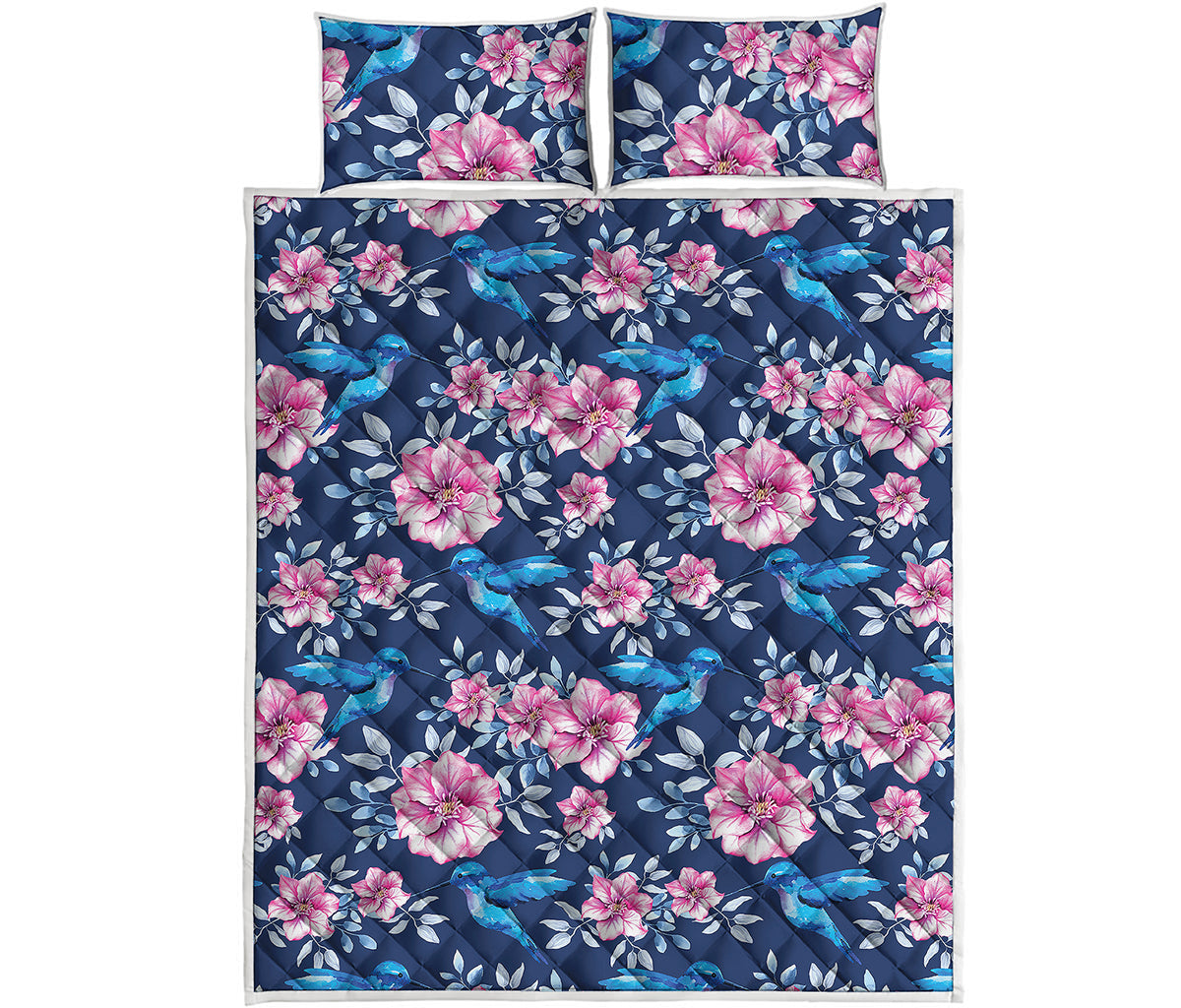 Pink Flowers And Hummingbird Print Quilt Bed Set