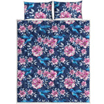 Pink Flowers And Hummingbird Print Quilt Bed Set