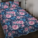 Pink Flowers And Hummingbird Print Quilt Bed Set