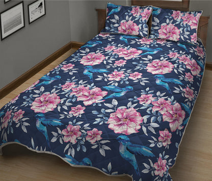 Pink Flowers And Hummingbird Print Quilt Bed Set