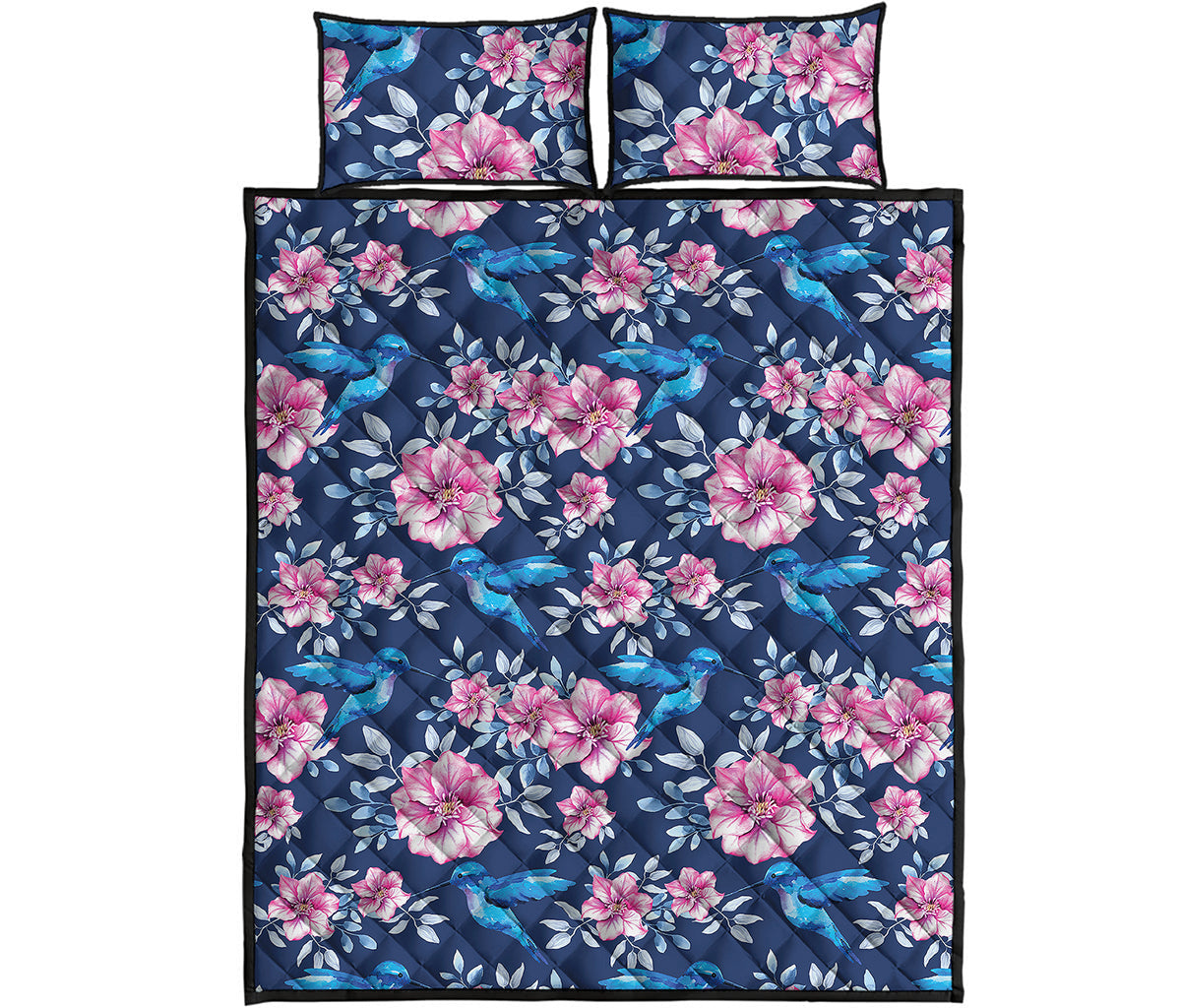 Pink Flowers And Hummingbird Print Quilt Bed Set