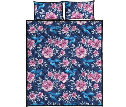 Pink Flowers And Hummingbird Print Quilt Bed Set