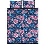 Pink Flowers And Hummingbird Print Quilt Bed Set