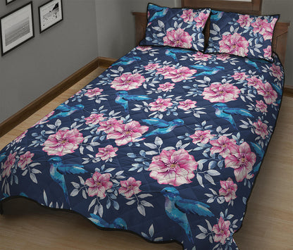 Pink Flowers And Hummingbird Print Quilt Bed Set