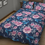 Pink Flowers And Hummingbird Print Quilt Bed Set
