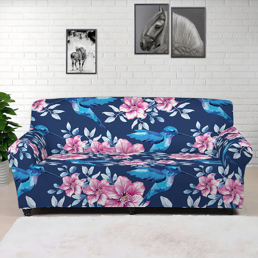 Pink Flowers And Hummingbird Print Sofa Cover