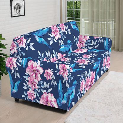 Pink Flowers And Hummingbird Print Sofa Cover