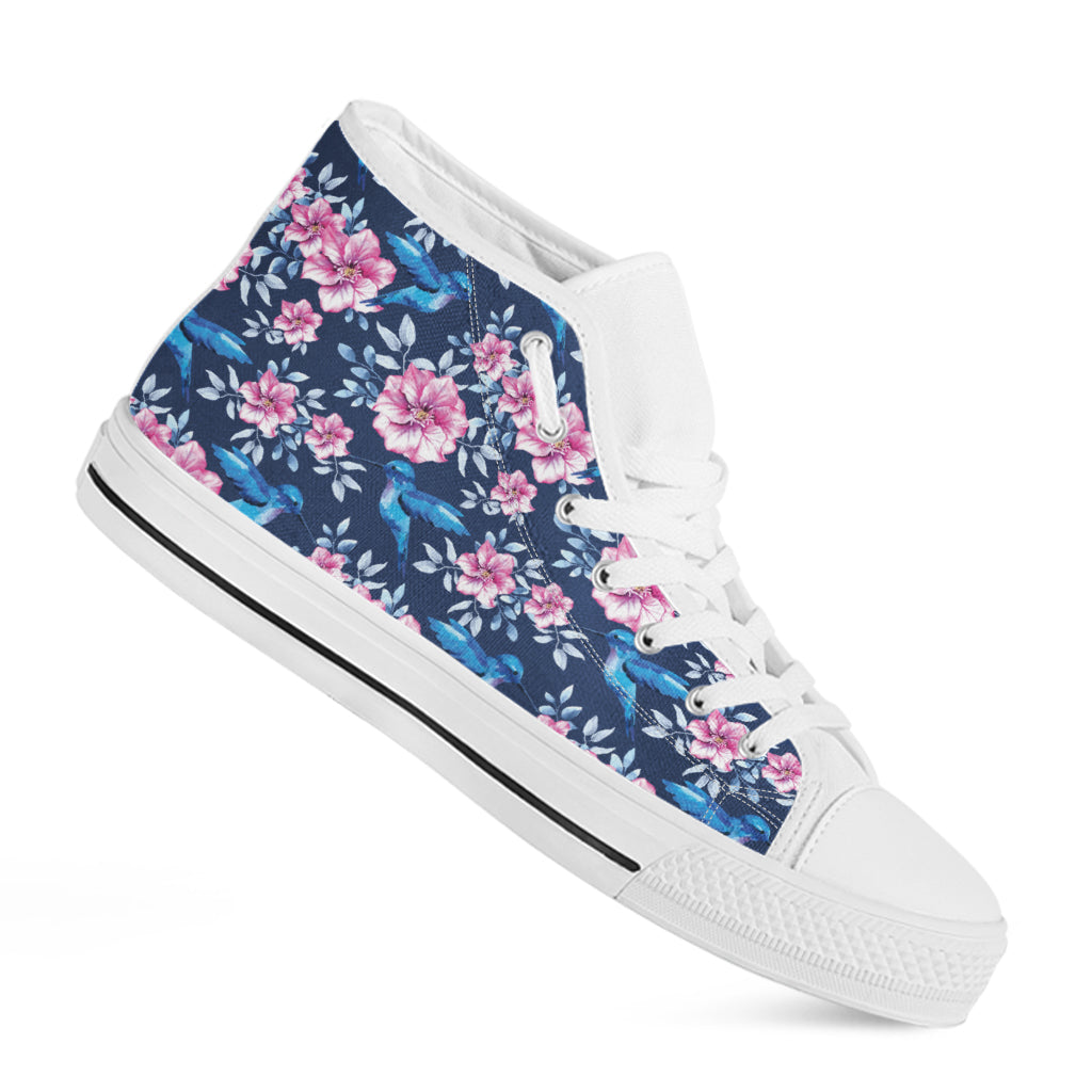 Pink Flowers And Hummingbird Print White High Top Shoes