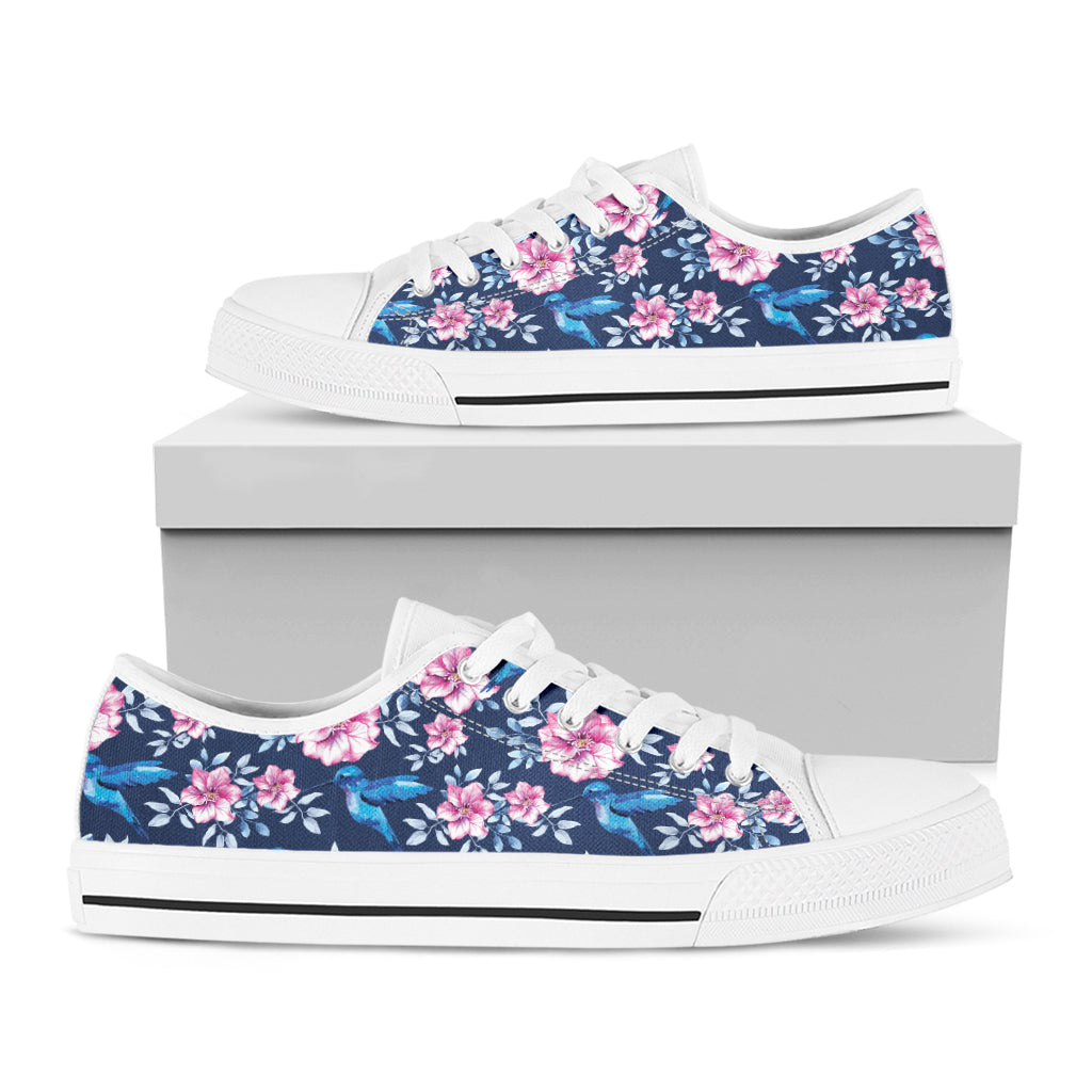 Pink Flowers And Hummingbird Print White Low Top Shoes