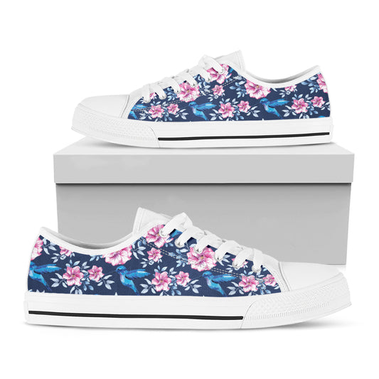 Pink Flowers And Hummingbird Print White Low Top Shoes