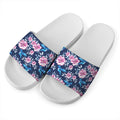 Pink Flowers And Hummingbird Print White Slide Sandals