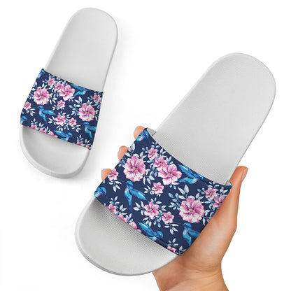 Pink Flowers And Hummingbird Print White Slide Sandals