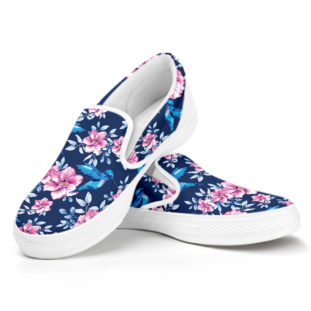Pink Flowers And Hummingbird Print White Slip On Shoes