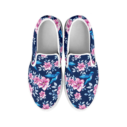 Pink Flowers And Hummingbird Print White Slip On Shoes