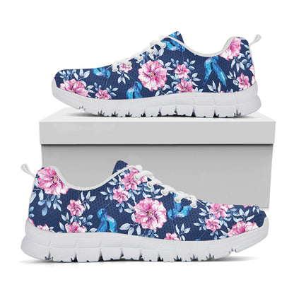 Pink Flowers And Hummingbird Print White Sneakers
