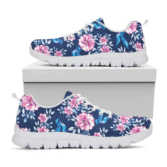 Pink Flowers And Hummingbird Print White Sneakers